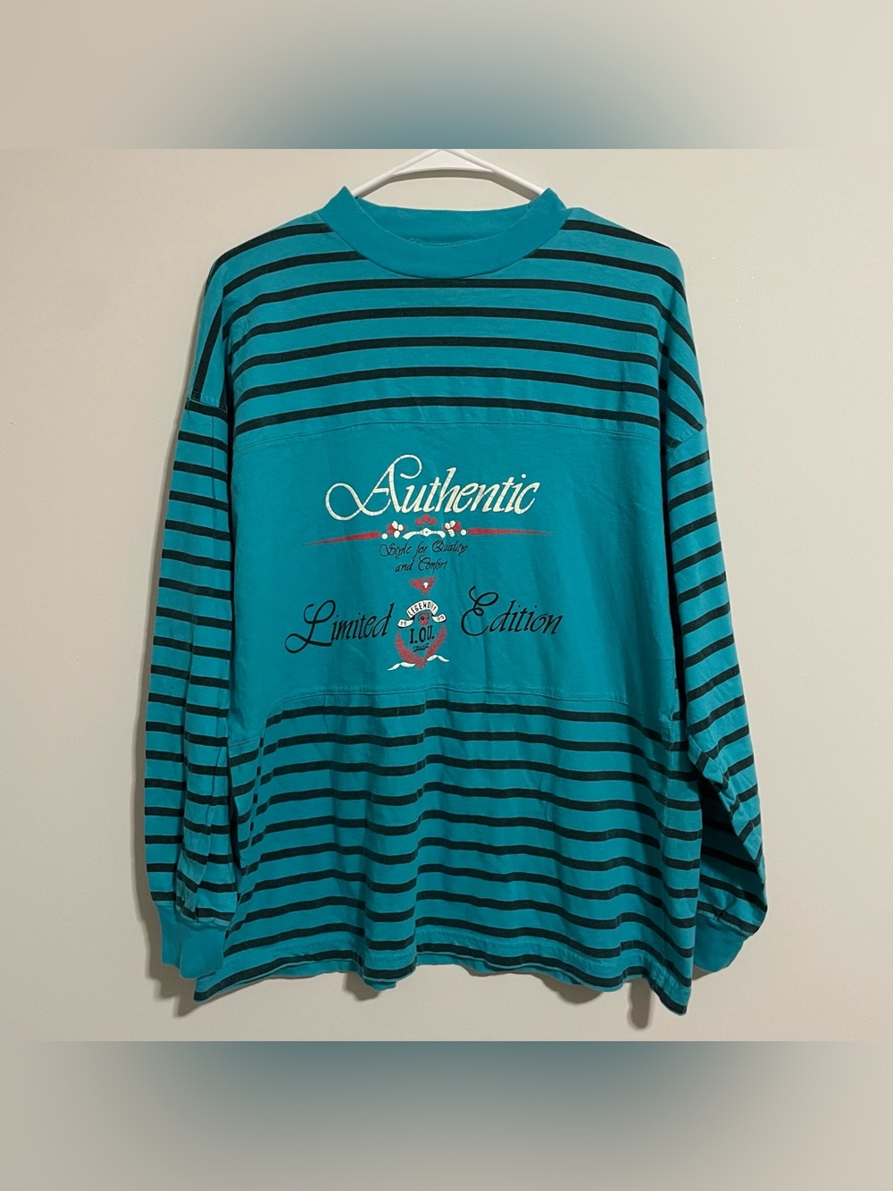 Vintage 90s Striped Retro Graphic Long Sleeve T Shirt Blue Rugby Style Tee Sz M